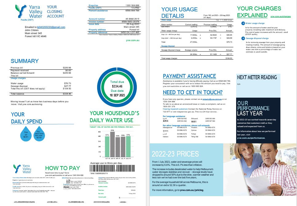 Melbourne Yarra Valley Water water utility bill Word and PDF formats, 2 pages